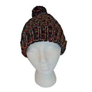 Beanie Hat Cap Womens Black & Colorful Rib Knit One Size with Pompom